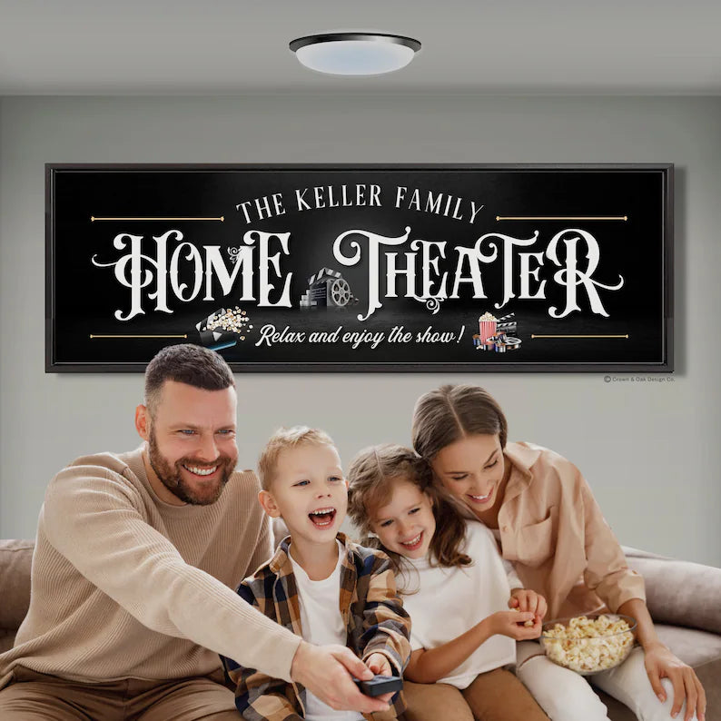 Home Theater Sign Personalized Movie Room Decor Theater Room Signs Home Theatre Cinema Sign Family Name Wall Art Lower Level Wall Decor